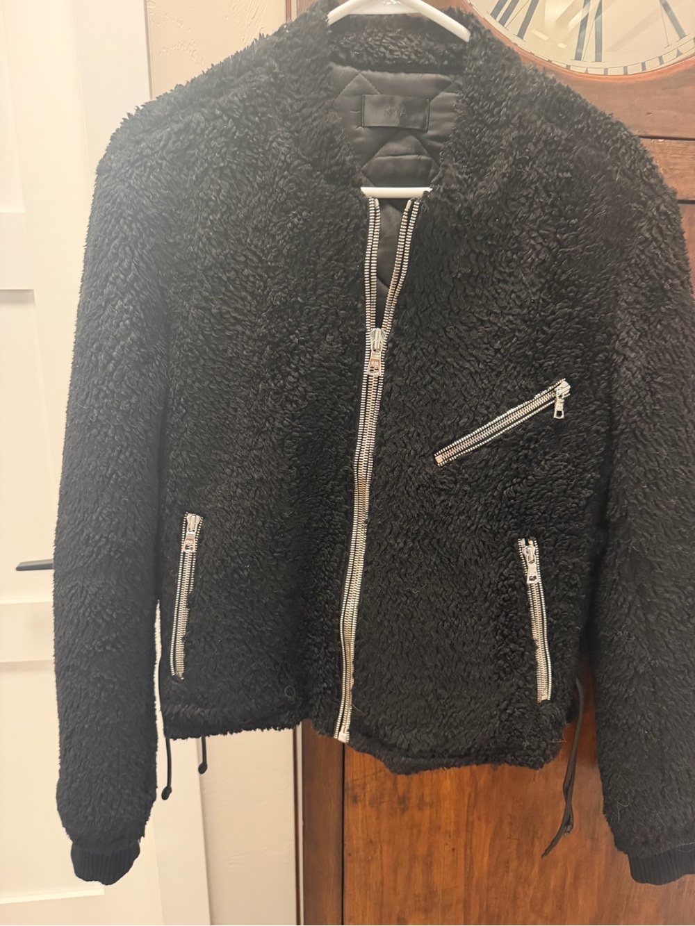 RtA Black Teddy Sherpa Zip Jacket with Silver Zippers